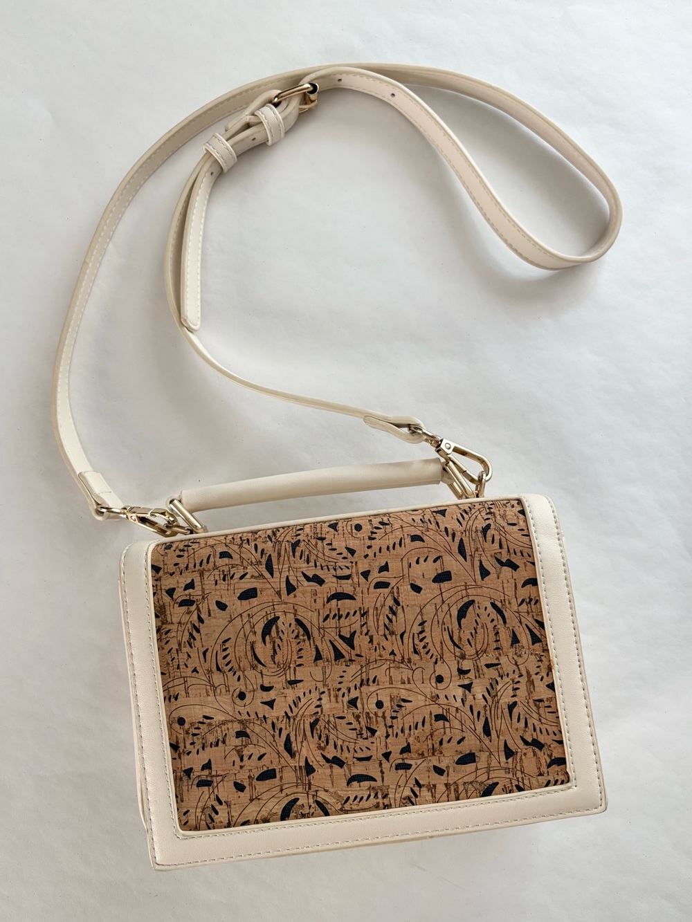 Faux Leather Crossbody Bag with Boho Laser-Cut Cork Panel